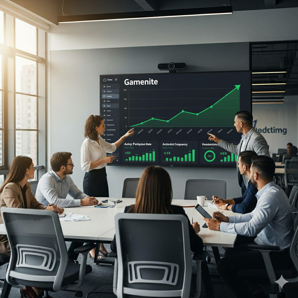 Professional office environment with team engagement analytics dashboard showing rising metrics.
